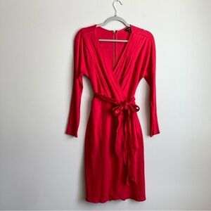 Etcetera Red Faux Wrap Tie Waist Midi Long Sleeve Dress 6
